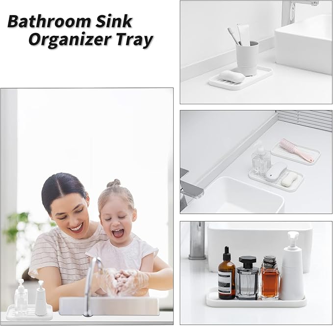 Silicone Kitchen Sink Organizer Tray for Multiple Usage,Eco-Friendly Sponges Holder for Kitchen Bathroom Counter or Sink,Dish Soap Dispenser,Scrubber,Bottle,Cup (White, 10"×5.3")
