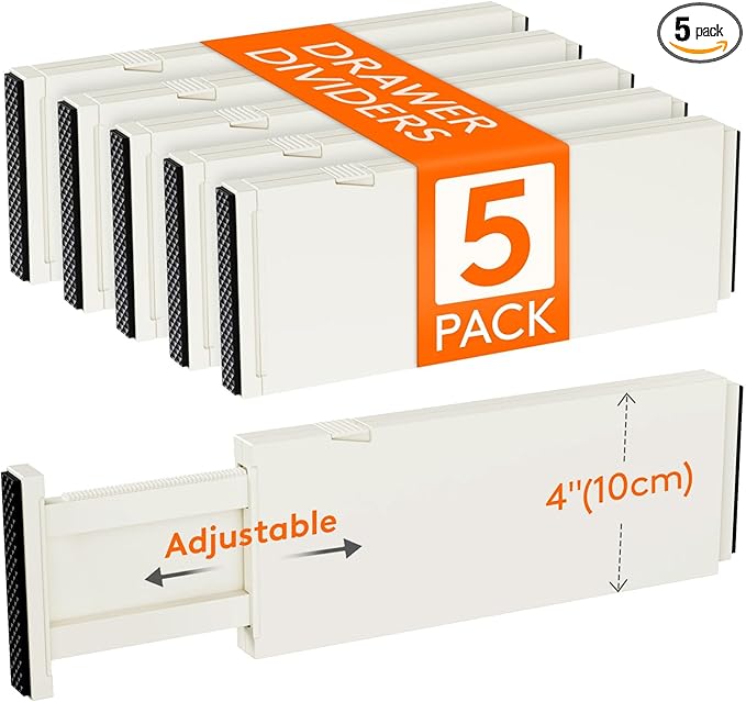 Lifewit 5 Pack Drawer Dividers 4" High, 11-17" Adjustable Dresser Drawer Organizers for Clothes, Expandable Dresser Separators in Bedroom/Bathroom/Kitchen/Vanity/Office Organization and Storage, Beige