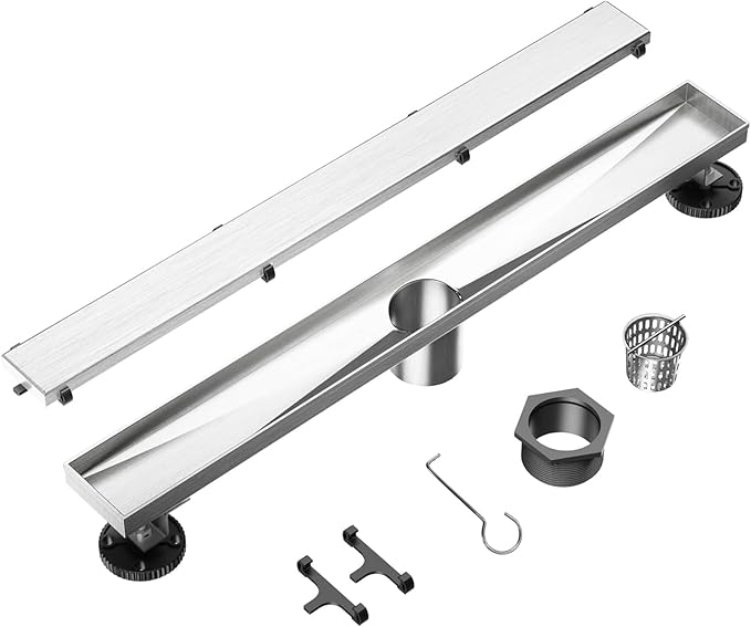 Neodrain Brushed 48-Inch Linear Shower Drain,with 2-in-1 Flat & Tile Insert Brushed Cover, Rectangle Shower Floor Drain, Floor Shower Drain with Adjustable Leveling Feet, Hair Strainer