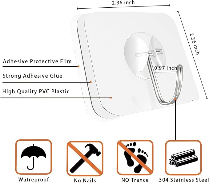 Heavy Duty Adhesive Hooks 10-Pack: Holds 22lb, Strong Reusable & Waterproof Wall Hooks for Kitchen, Bathroom, Office - No Drilling, No Residue