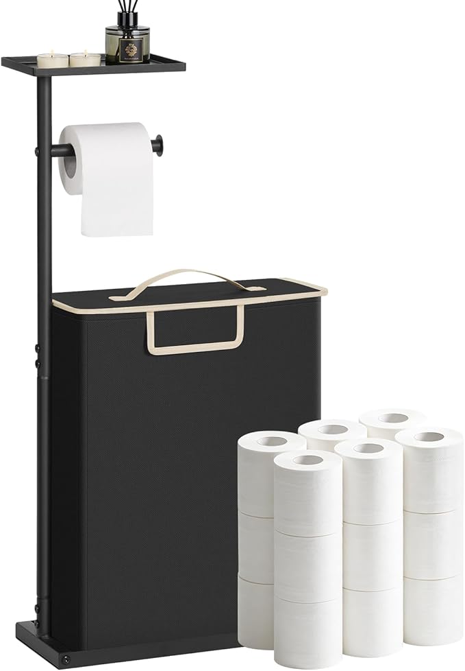 Toilet Paper Holder Free Standing with Storage for Up to 12 Rolls,Rustproof Metal Toilet Paper Stand with Shelf,All-in-One Toilet Tissue Roll Dispenser and Organizer with a Lidded Basket,Black