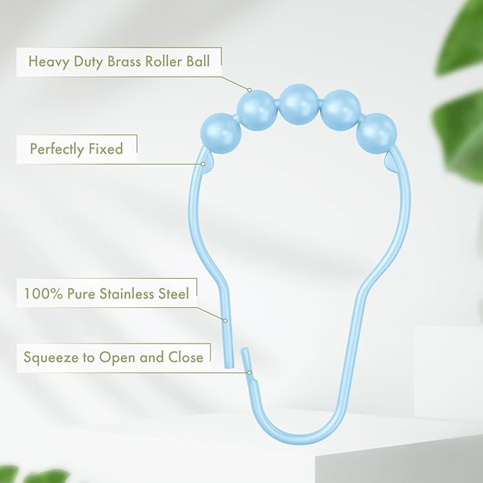 Amazer Shower Curtain Hooks, Decorative Shower Curtain Hooks Rust-Resistant Stainless Steel Glide Shower Hooks for Bathroom Set of 12, Light Blue