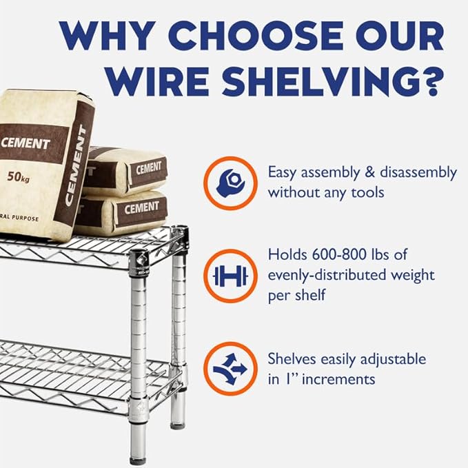 Shelving Inc. 8" d x 12" w x 96" h Chrome Wire Shelving with 5 Tier Shelves, Weight Capacity 800lbs Per Shelf