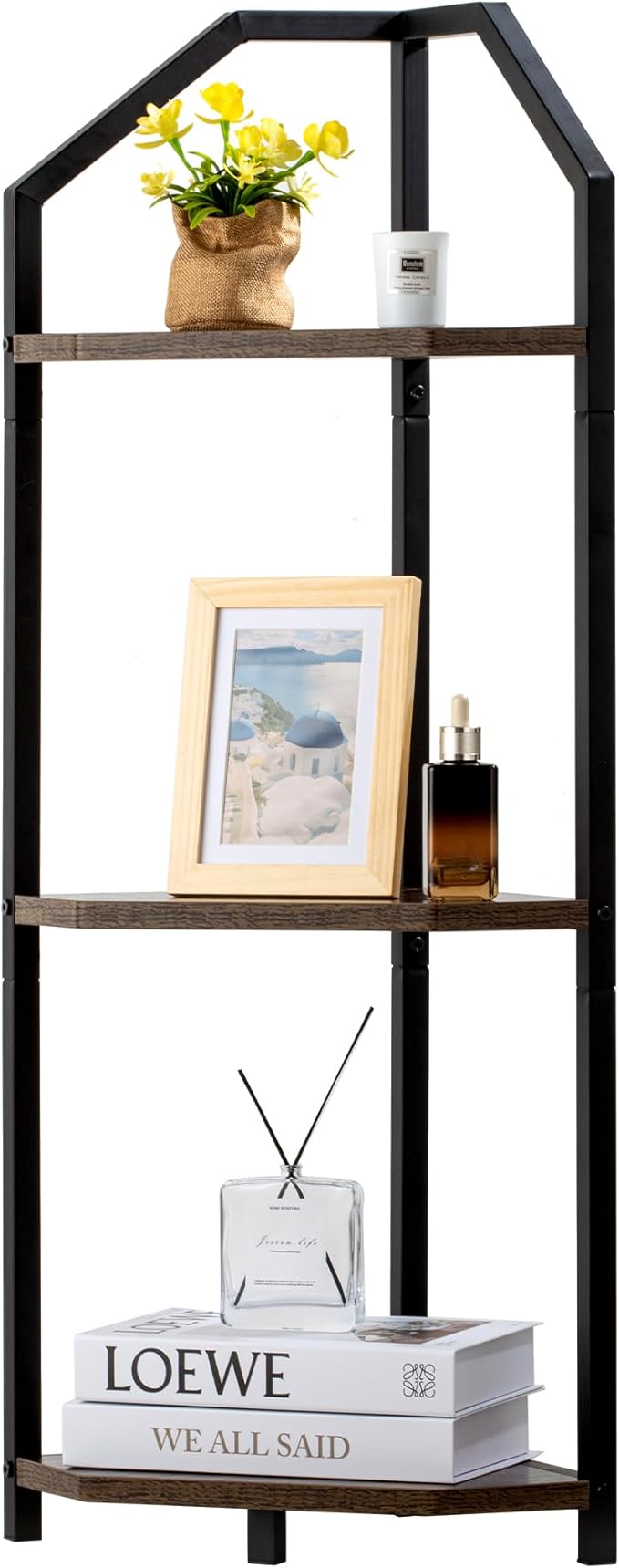 Fun Memories 3 Tier Corner Shelf, 40” Corner Shelf Stand, Corner Bookshelf Plant Stand, Storage Shelf for Bathroom, Living Room, Kitchen,Grey Home Office, Brown
