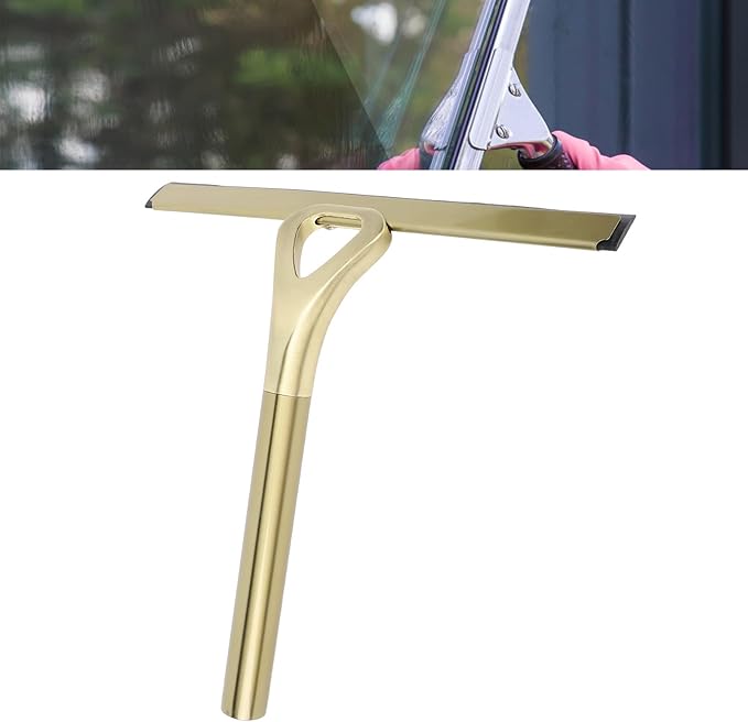 304 Stainless Steel Silicon Shower Squeegee Scrubber, Multifuntional Bathroom Cleaner Wiper for Shower Glass Door with Adhesive Hook, Mirrors, Bathrooms,Kitchens (Gold)