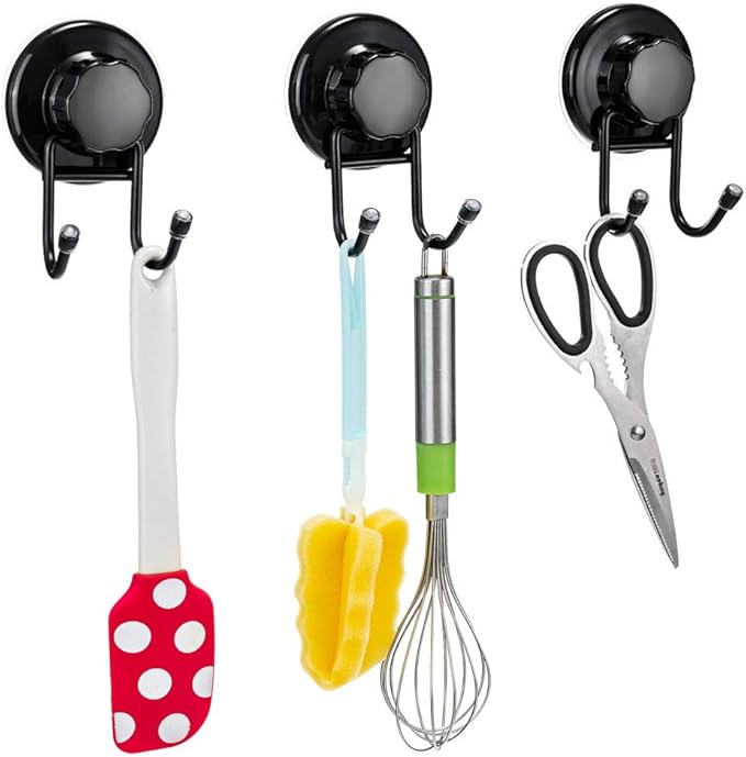 SANNO Suction Cup Hooks, Shower Squeegee Holder Towel Robe Loofah Hook Hanging for Bathroom Kitchen, Black