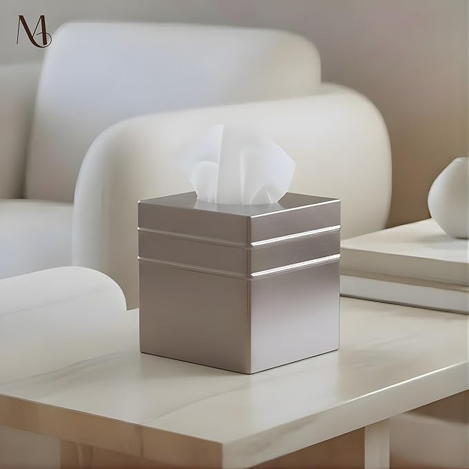 Monarch Abode Tissue Box Cover Square – Handcrafted Border Embossed Pewter Metal Tissue Holder Box for Bathroom Accessory, Aesthetic Decorative Facial Napkin Cube for Modern Home Decor