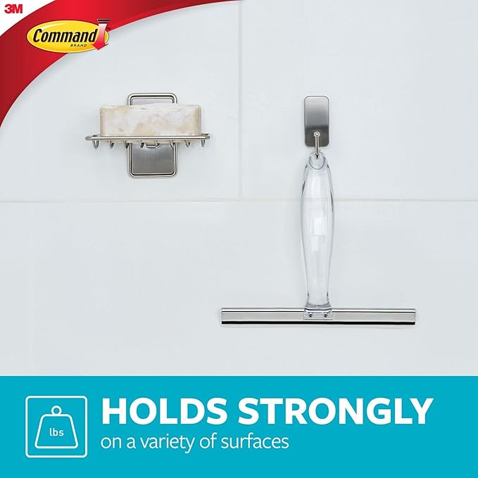 Command Bath Squeegee and Hook [Removable]: Stainless Steel and Satin Nickel (Silver) [2-pack]