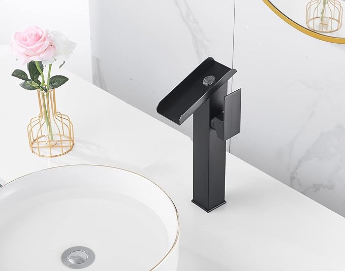 Bathroom Vessel LED Faucet 3 Color Changing Light Waterfall Single Handle One Hole Bowl Sink Faucet Vanity Lavatory Deck Mount Mixer Tap Tall Body Modern Restroom 1 Hole Supply Lines