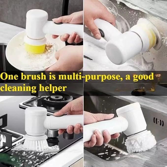 Cordless Electric Spin Scrubber - Multi-Surface Cleaning Brush with Multiple Brush Heads, Waterproof, Wall-Mountable for Bathroom, Kitchen, Tile, Pot & Dish Cleaning (Main Unit + 5 Brush Heads)