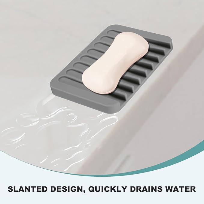 uxcell 2 Pcs Self Draining Silicone Soap Dish, Soap Tray with Drainage for Bathroom Shower Kitchen Sink, 4.5" x 3.1" x 0.4", Light Grey