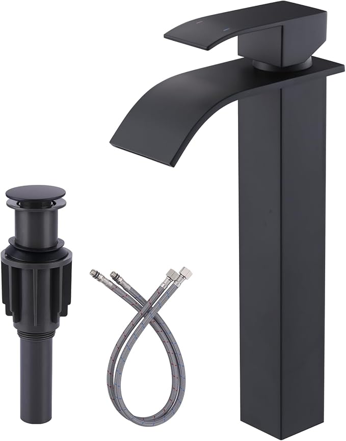 Vessel Sink Faucet Matte Black: ARCORA Single Hole Tall Bathroom Faucet, Single Handle Tall Waterfall Bathroom Faucet with Pop Up Drain and cUPC Supply Lines