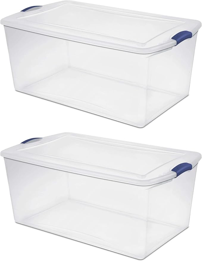 (2-PACK) 105 QT Plastic Transparent Storage Box, Equipped with a Blue Lock Mechanism, Stackable, Suitable for Household Items, Seasonal Clothing, Holiday Decorations and Garage Organization.