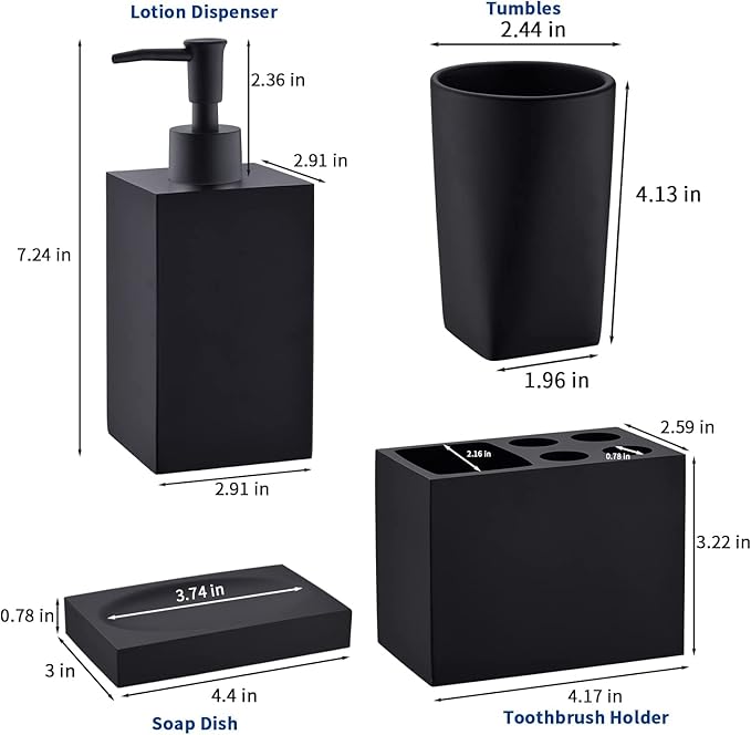 5-Piece Matte Black Bathroom Accessory Set - Modern Design Set with Soap Dispenser, 2 Tumbler Cups, Soap Dish & Toothbrush Holder