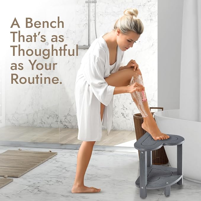 UHA Corner Shower Stool for Inside Shower - Waterproof Corner Shower Bench, HDPE Plastic Bathroom Bench, Adjustable Height Corner Chair for Shaving Legs,Storage Shelf,Non-Slip Feet， Gray