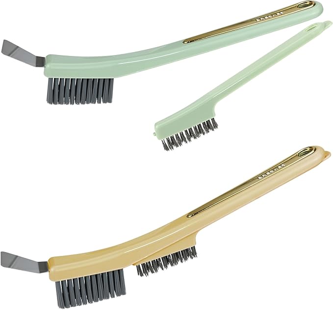 Multifunctional Cleaning Brush with Nylon & Wire Brush and Cleaning Spatula, Long Handle Brushes for Bathroom, Kitchen, Grout, and Tile Deep Cleaning, 2 Pack (Green+Yellow)