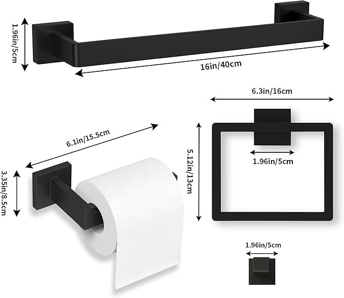 10-Pieces Matte Black Bathroom Accessories Set, 16 Inch Bath Towel Bar Set, SUS 304 Stainless Steel Bathroom Hardware Set, Towel Racks for Bathroom Wall Mounted