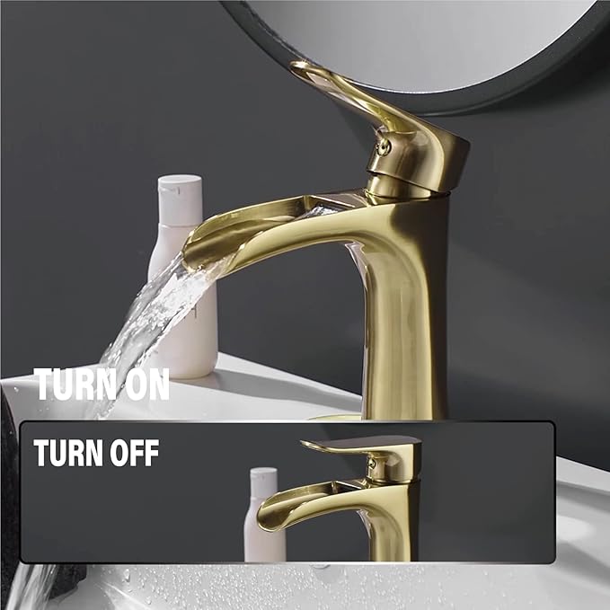 Yundoom Brushed Gold Bathroom Faucet - Single Hole Or 3 Hole, Farmhouse Rv Brass, Waterfall Design, 4 Inch Deck Plate