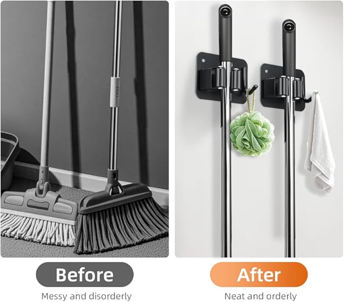 4-Pack Single Mop Holder with A Sturdy Hook. Non-Slip Broom Dustpan Rack, Wall Mount Stainless Steel Storage Hanger with Screws for Garage Bathroom Garden Kitchen, Matte Black.