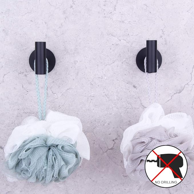 GERZWY Wall Hooks Adhesive for Hanging Towels Matte Black - Set of 2 - Premium Adhesive Hooks - Towel Hooks for Bathrooms - Sticky Hanging Wall Hangers Without Nails DZY026-BK