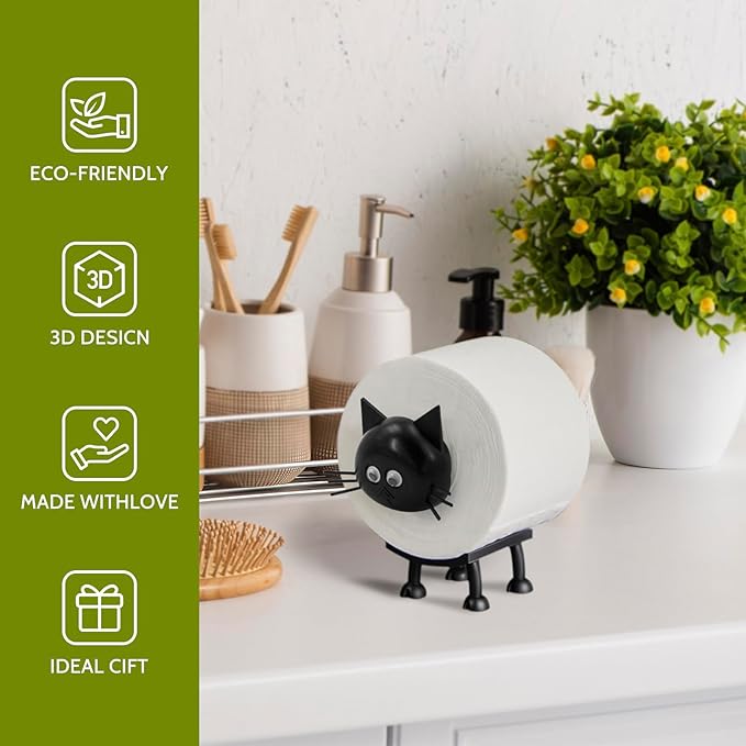 Cat Toilet Roll Holder: Tissue Paper Roll Storage Stand - 3D Printed Black Cat Loo Roll Holder - Toilet Paper Holder Bathroom Set for Bathroom Shelf Housewarming Gift Bathroom Decor (Cat-1Pcs)