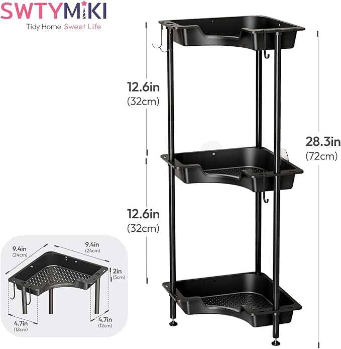 SWTYMIKI Corner Shower Caddy Standing - 3 Tier Rustproof Plastic Shower Caddy, Floor Corner Shelf, Free Standing Rack Storage Stands for Bathroom, Black