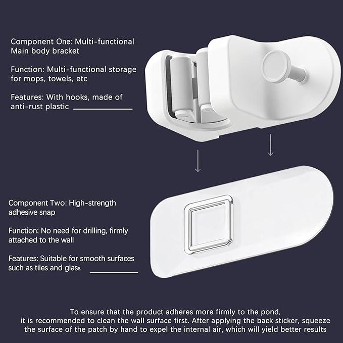 So Nice Mop and Broom Holder (No Drill & Strong Adhesive) Wall Mount with Key Hook, All-in-One Organizer for Bathroom & Kitchen (Holds Towels & Sponges), Fits 0.75-1.2 Inch Handles, White
