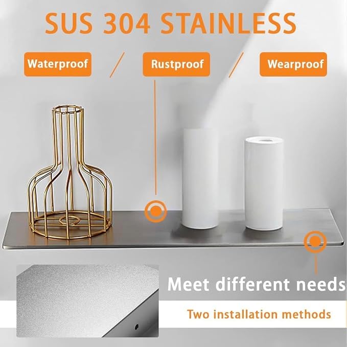 16Inch Stainless Steel Wall Mounted Floating Shelf Drilling or Shelf Adhesive Modern Room Decor Wall Shelf Floating Shelf for Bathroom Bedroom Decor