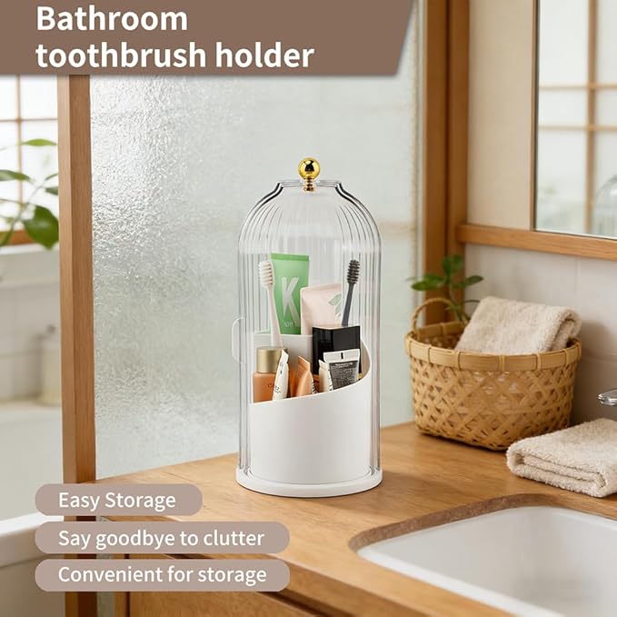 Rotating Toothbrush Holder with Sliding Dustproof Cover, 3-Slot Countertop Bathroom Organizer for Electric Toothbrush, Makeup Brushes, Vanity Sink Storage