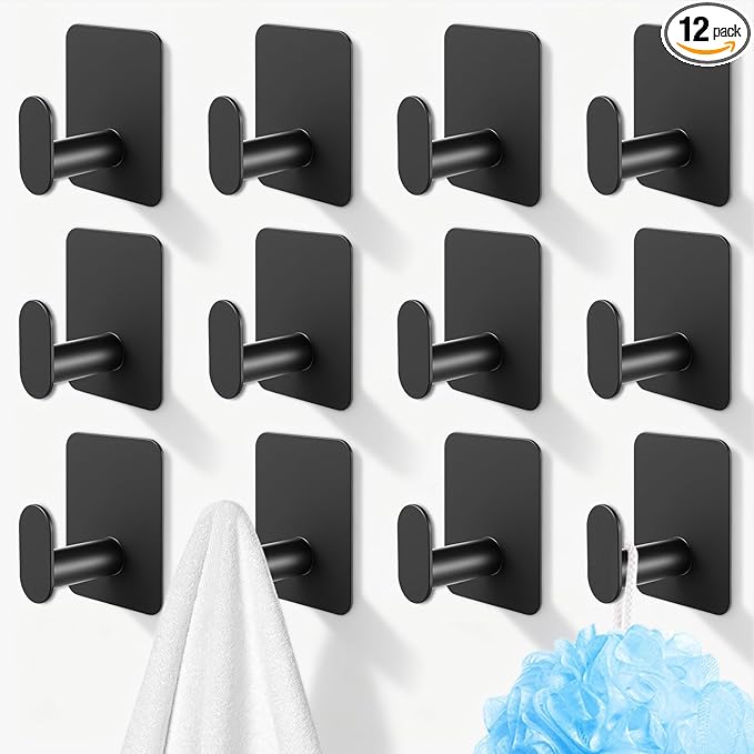 Adhesive Wall Hooks 12 Pcs, Waterproof Matte Black Towel Hooks for Bathroom, Stainless Steel Sticky Hooks for Kitchen Shower with Strong Hold