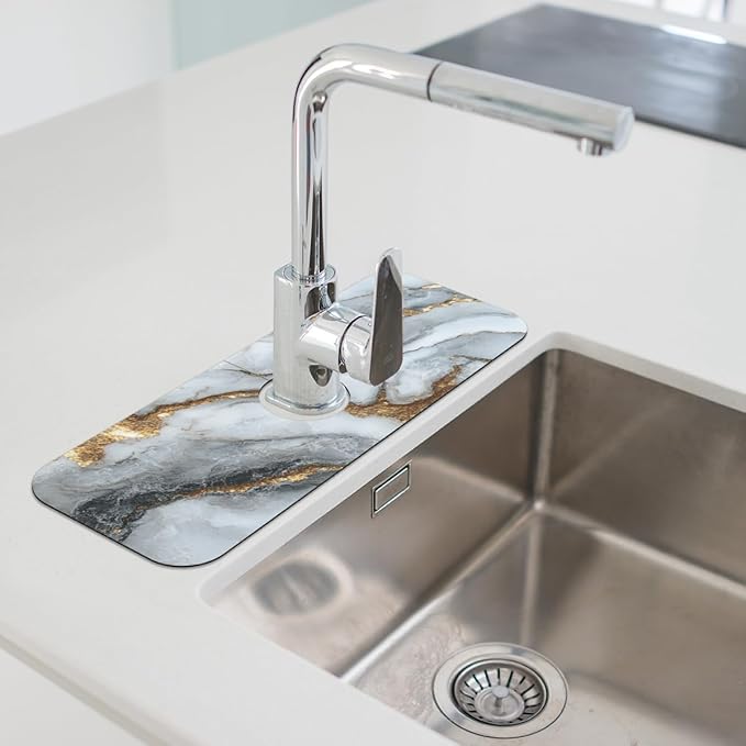 Kitchen Sink Splash Guard Faucet Mat White Marble 2PCS Super Absorbent Fast Drying Faucet Guard & Draining Mat Sink Splash Guard Behind Faucet Drip Catcher for Kitchen Bathroom RV (15.4" X 5.7" )