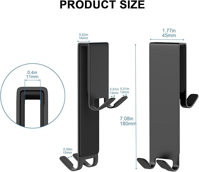 Shower Door Hook, Extended Length Double-Sided Hook for Frameless Shower Doors (7 Inch), Heavy-Duty Stainless Steel Hook for Bathrobes and Towels, No Drilling or Adhesive Required, 2-Pack, Black