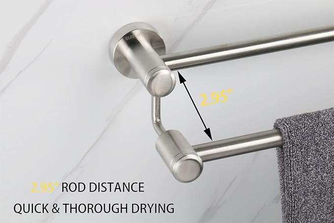 TocTen Double Bath Towel Bar - Thicken SUS304 Stainless Steel Towel Rack for Bathroom, Bathroom Accessories Double Towel Rod Heavy Duty Wall Mounted Towel Holder (Brushed Nickel, 16 in)