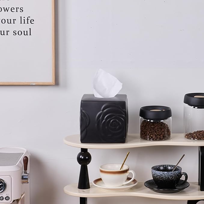 Black Ceramic Rose Tissue Box Cover, Carved Flowers Large Square Tissue Box Holder Decorative for Bathroom, Vanity, Kitchen Countertop, Bedroom Night Stands, Office Desk Top