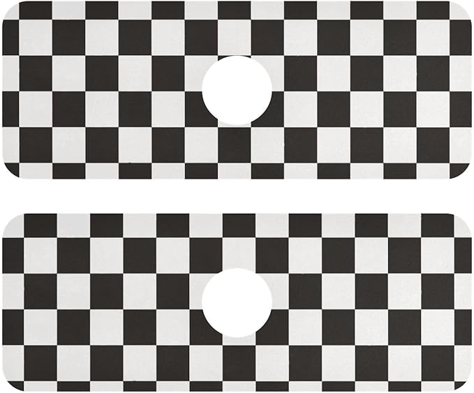Checkered Black Kitchen Sink Splash Guard Sink Faucet Mat Faucet Handle Drip Catcher Drain Mats for Kitchen Bathroom Countertop Absorbent Dish Drying Pad 2Pack 14.7x5.4IN