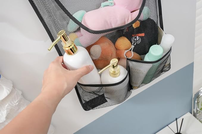 Jelier Hanging Bath Toy Storage Organizer,Mesh Shower Caddy with Hanger,Toy Storage Net Bag for Kids Bathroom Decor Bedroom (black)