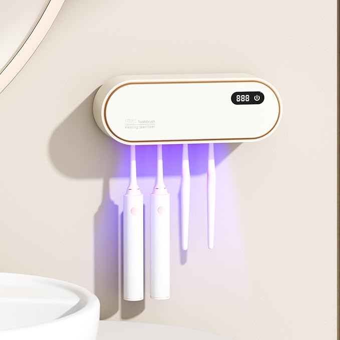 Toothbrush Holders for Bathrooms,Electric Toothbrush Holder with 24-Hour Smart Cycle Cleaning and hot air Drying, LED Display, Rechargeable Wall Mounted Tooth Brushing Holder (White)