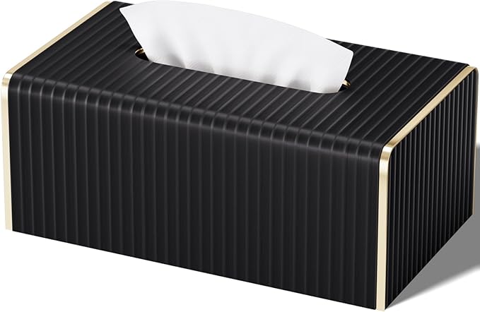 Tissue Box Cover,Black Rectangle PU Leather Tissue Holder with Gold-Tone Edging Accents,Tissue Box Cover for Bathroom Toilet Bedroom Living Room Table Desk Office,Countertop