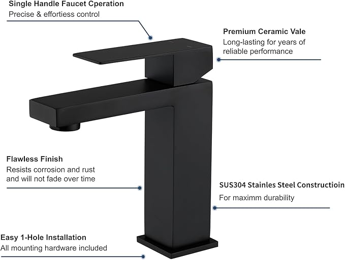 Black Bathroom Sink Faucet One Hole Faucet Single Handle 2 Packs 1 Hole Vanity SUS304 Stainless Steel Faucets for Bathroom Sink Matte Black Bathroom Faucet 2 Pieces, SF3-BK-P2