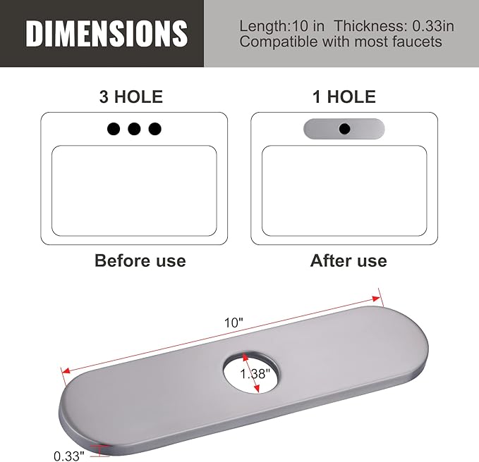 10" Sink Faucet Hole Cover Deck Plate (Arc Edge) for Kitchen & Bathroom Vanity Sink, Faucet Brushed Nickel Escutcheon Plate Stainless Steel Outside Faucet Cover Cap for 1 or 3 Hole Mixer Tap
