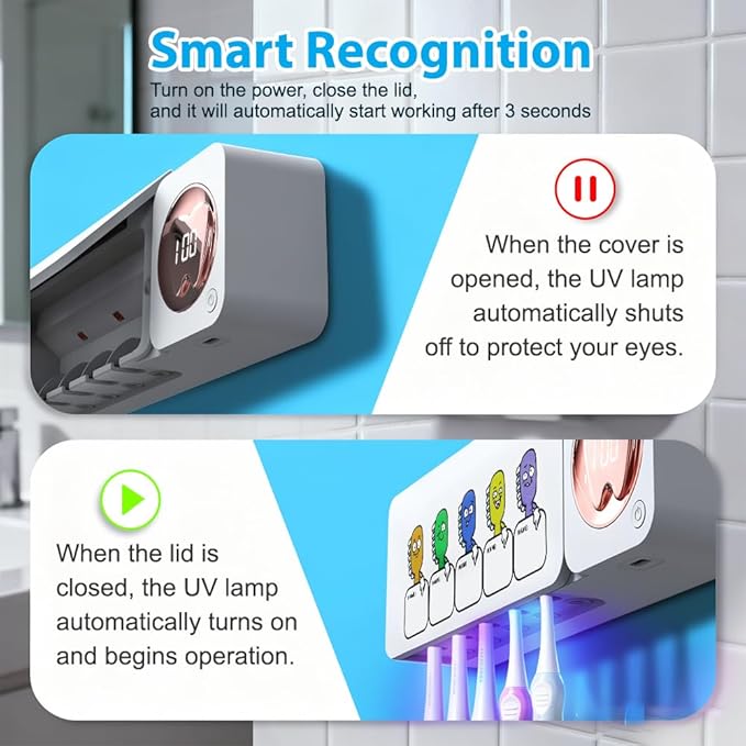 Bathroom Toothbrush Holder, Labelable with User Name, Multi-Slot Toothbrush Cleaner, Rechargeable Toothbrush Holder, Wall Mounted, for Bathroom, No Drilling Required, 5 Slots