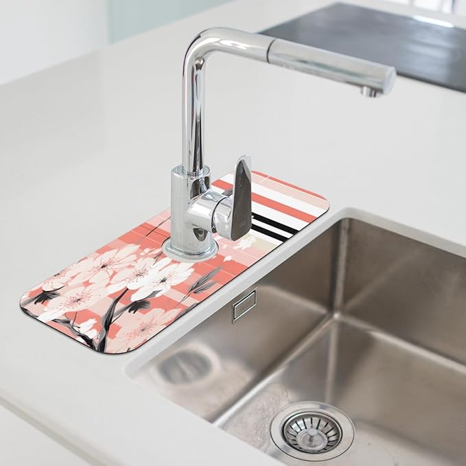 Petals Stripe Kitchen Faucet Mat Splash Guard, 15.4”x5.7” Absorbent Quick Drying Sink Mat for Countertop Protection, Draining Mat Sink Protectors For Kitchen Bathroom, 1 Pack