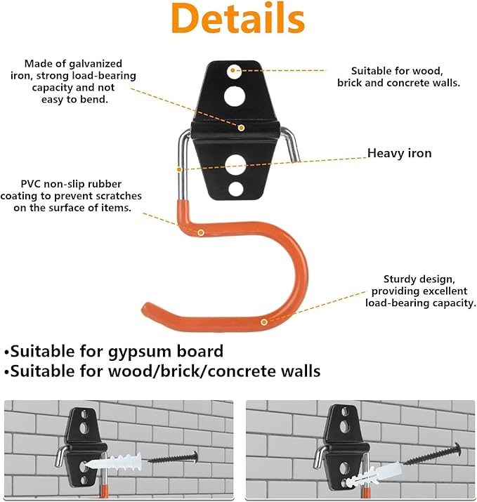 16 Pack Metal Garage Hooks S Hooks Heavy Duty Metal Large S Hooks and Broom and Mop Holder Broom Hooks for Mop Shovel Rake Shed Garden Lawn Yard(Orange)