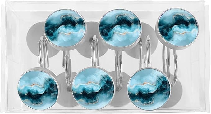 Grey-Blue Marble Decorative Shower Curtain Hooks,12 Pcs Rust Proof Glass Surface Stainless Steel Curtain Rings for Bathroom Bedroom Living Room Shower Rods Decor