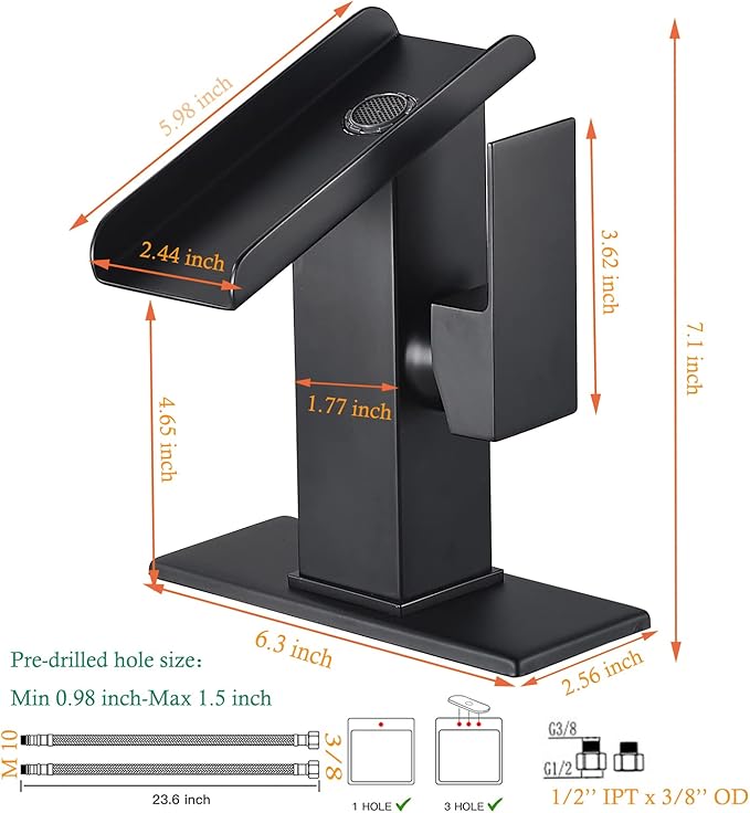 Bathroom Sink Led Faucet Waterfall Spout Black RGB 3 Colors Changing Temperature Lavatory Vanity Sink Faucet One Hole Handle Modern Washbasin Tap with Lights Deck Mount Commercial