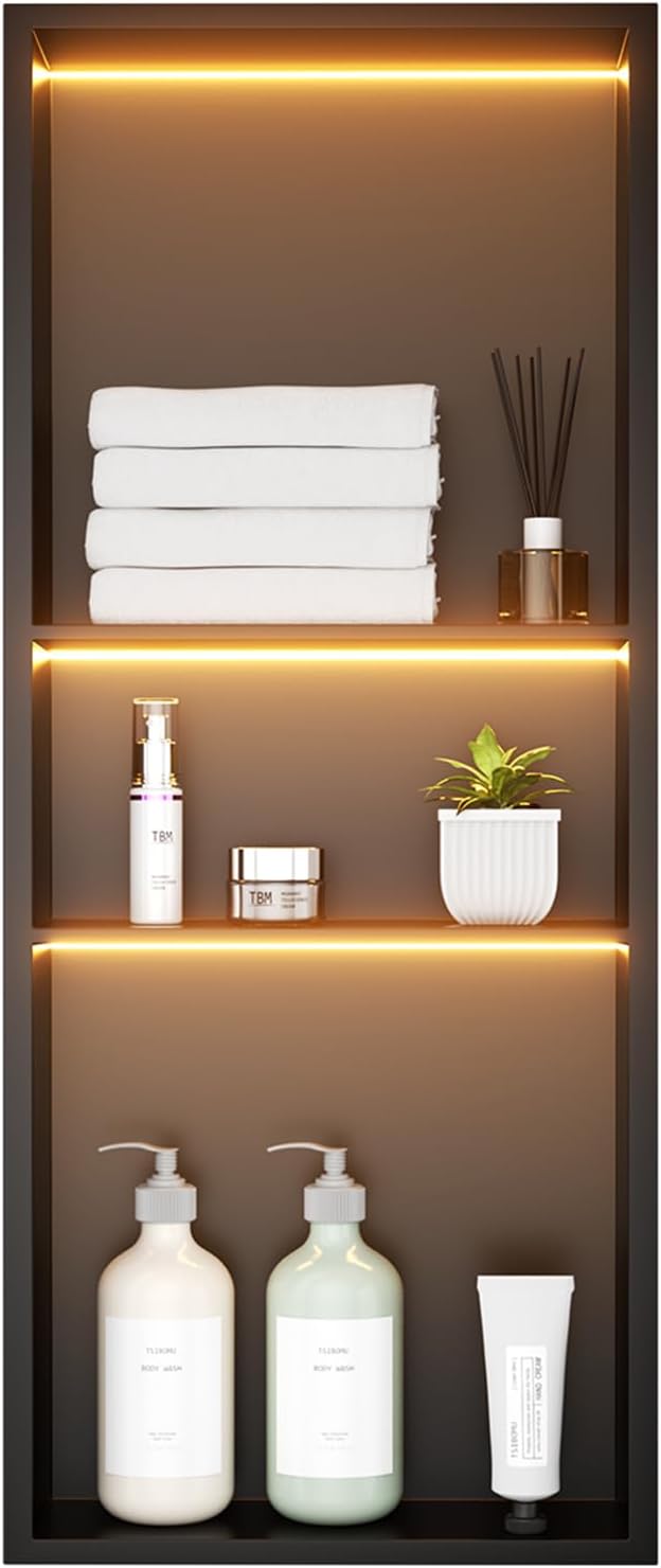 Black Stainless Steel Shower Niche with LED Lights 12" x 30" – Recessed Shower Shelf with 3-Tier Storage, Waterproof & Rustproof Bathroom Wall Niche