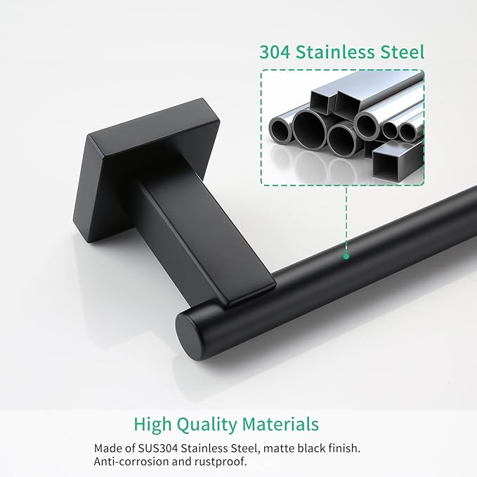 Miyili Matte Black 4-Piece Bathroom Hardware Kit Set Stainless Steel Wall Mount - Includes Double Towel Bar, Hand Towel Rack, Toilet Paper Holder, Robe Hook, BS02B4