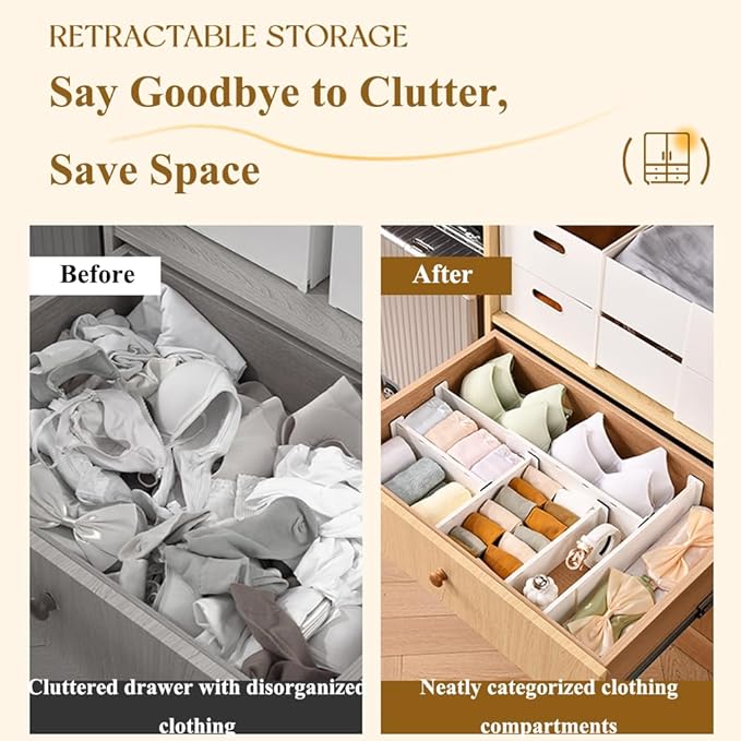 Expandable Closet Organizer Set, 6-Pack, 14.8"-25.8" Adjustable, 3.7" High, Plastic Storage Dividers for Drawers, Dresser, Kitchen, Bedroom, Office