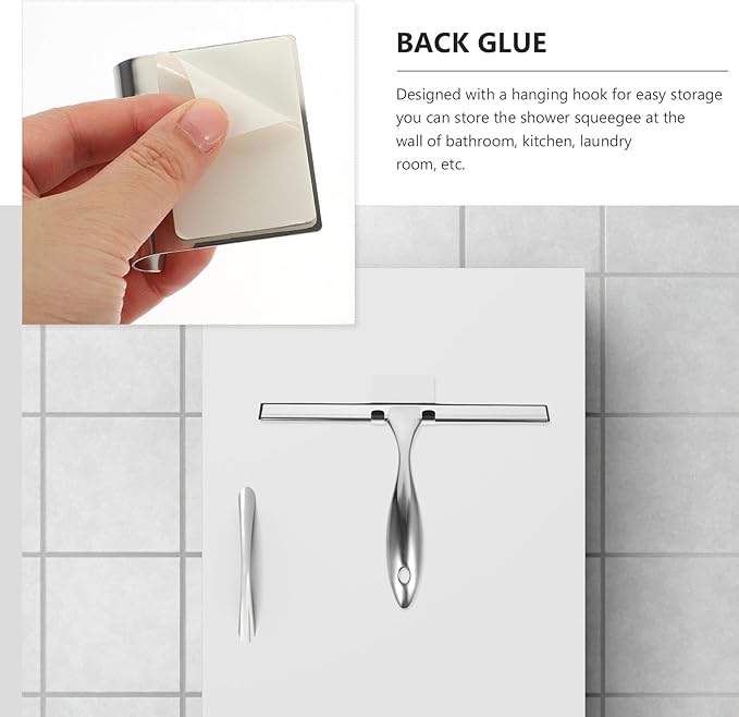 PRETYZOOM Glass Door Squeegee and Window Squeegee 10-inch Stainless Steel Blade with Nail-Free Adhesive Hook for Shower Doors Bathroom Mirrors Car Glass Cleaning
