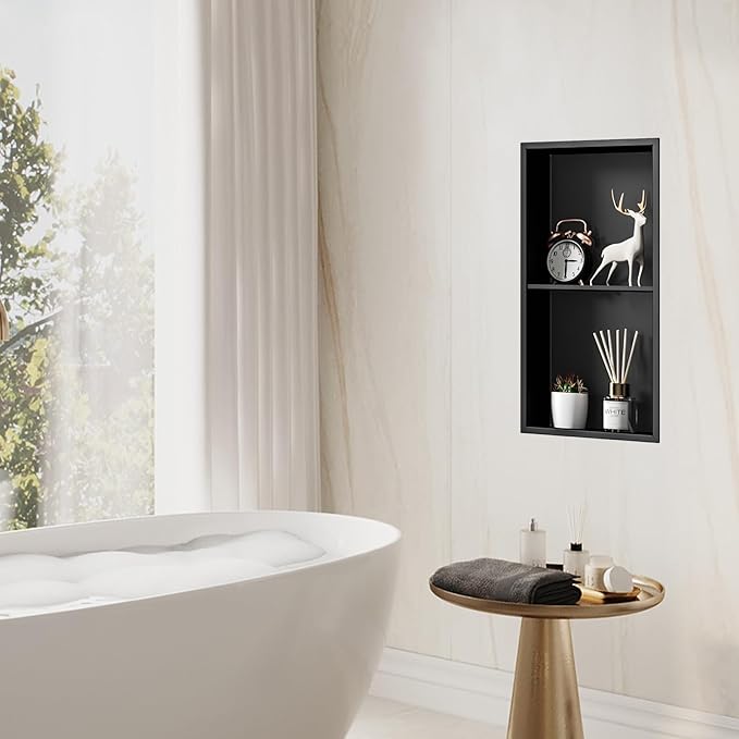 Shower Niche 12" X 24" Black, Stainless Steel Wall Niche Double Shelves Recessed Shower Shelf for Bathroom Storage, No Tile Needed Over Mount Installation